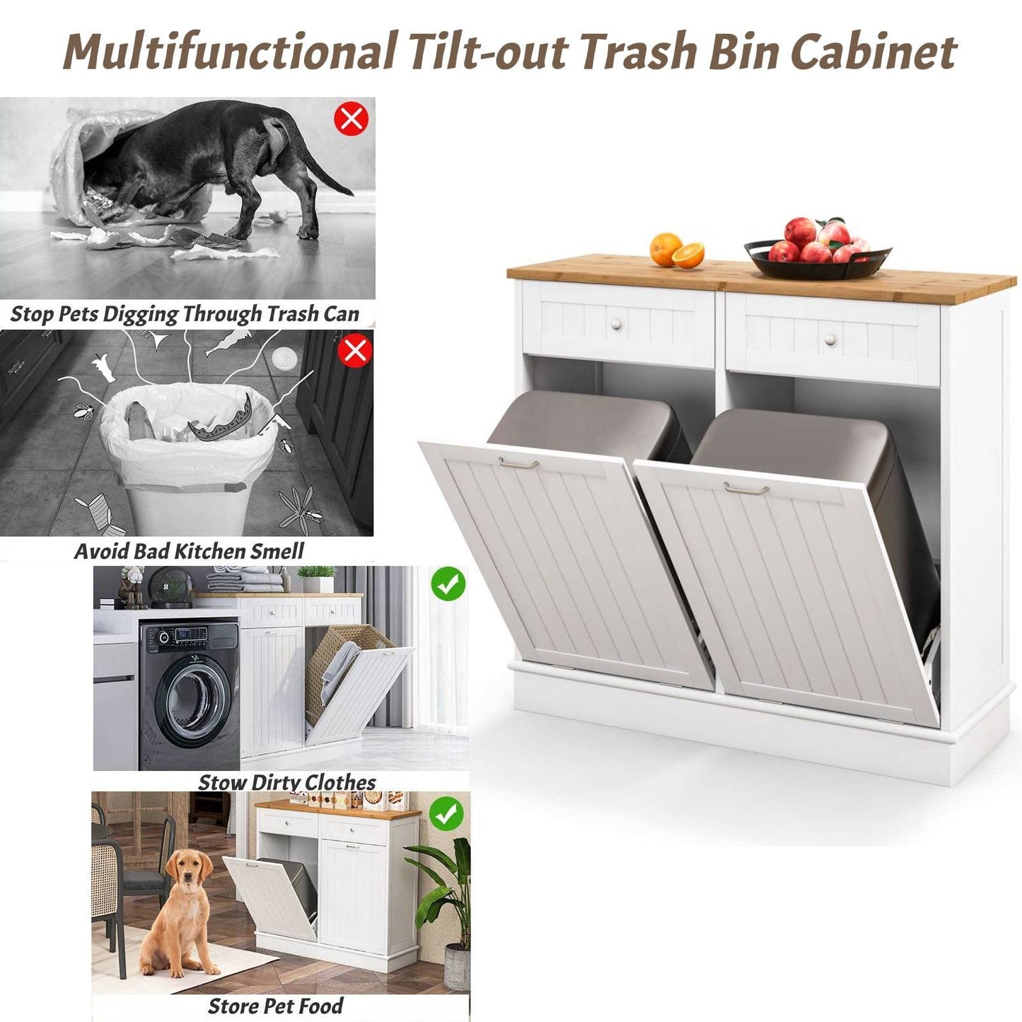 GiantexUK Tilt Out Trash Bin Cabinet, Wooden Free Standing Laundry Hamper with 1/2 Doors