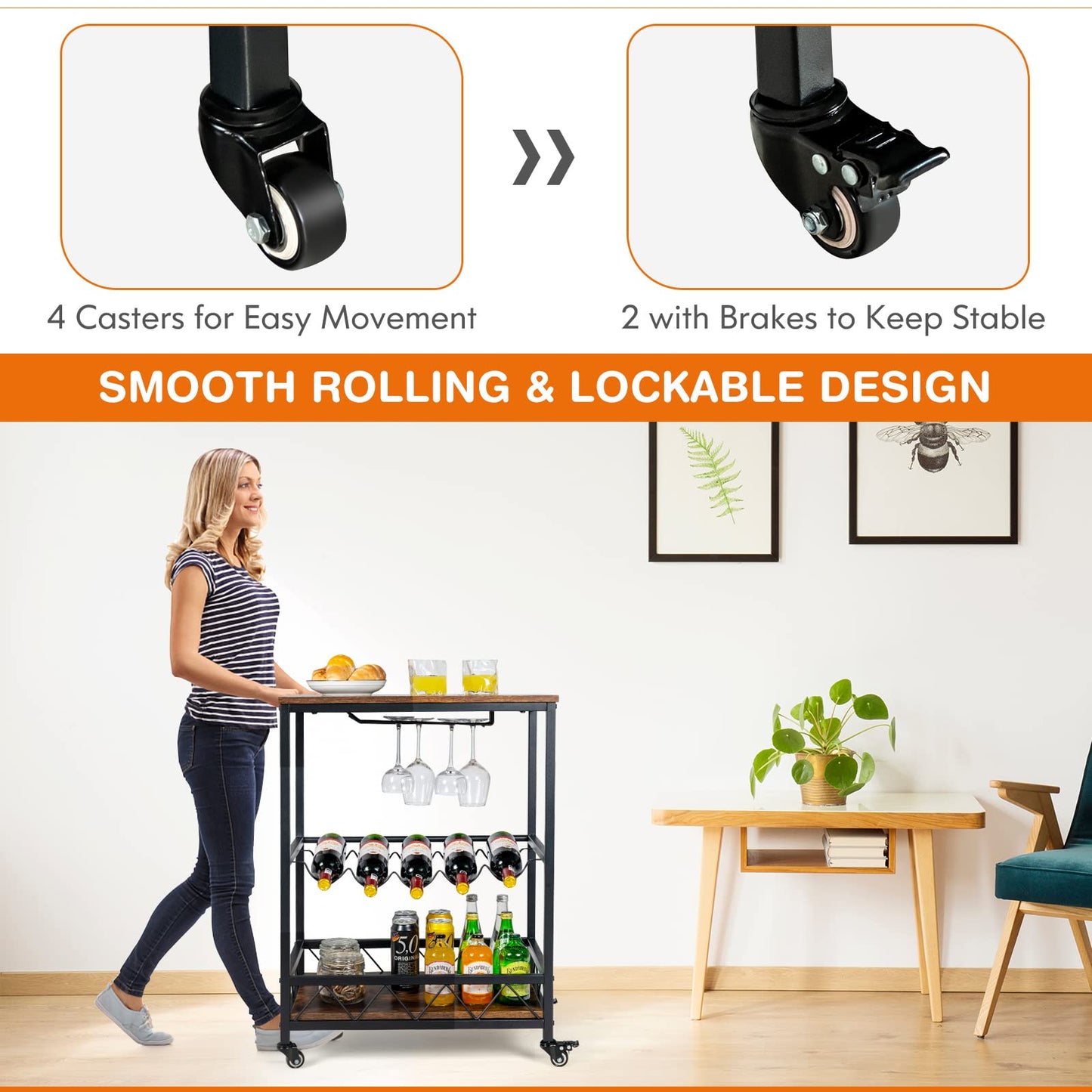 GiantexUK Kitchen Storage Trolley on Wheels, Rolling Bar Cart with 2 Glass Holders & Wine Rack