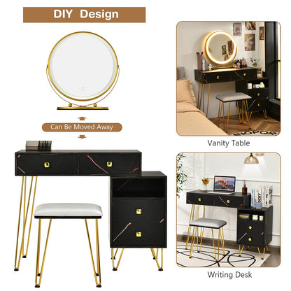 Dressing Table Set, Modern Vanity Makeup Table Stool Set with 3 Color Detachable LED Mirror (Black with Side Cabinet)