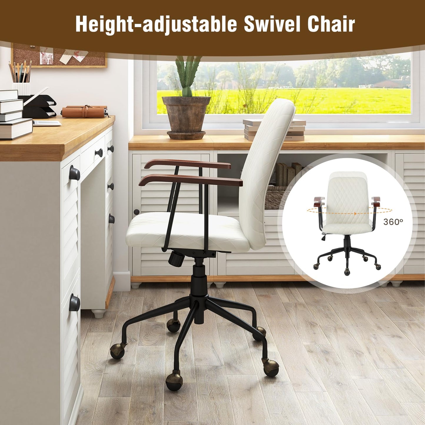 Velvet Office Chair, Ergonomic Swivel Computer Desk Chair with Rubber Wood Armrests