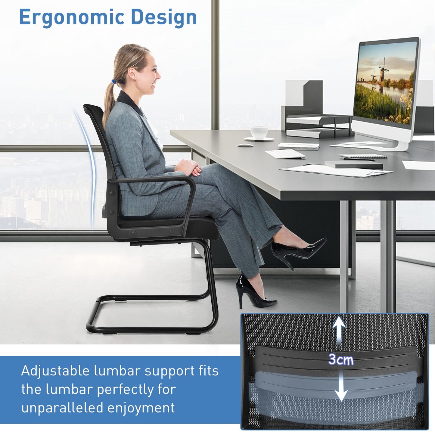 Meeting Office Chairs, Mid-Back Mesh Reception Chair with Adjustable Lumbar Support and Sled Base