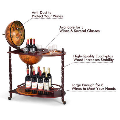 GiantexUK Globe Drinks Cabinet, Unique Eucalyptus Wooden Mini Bar Cart with Open Shelves