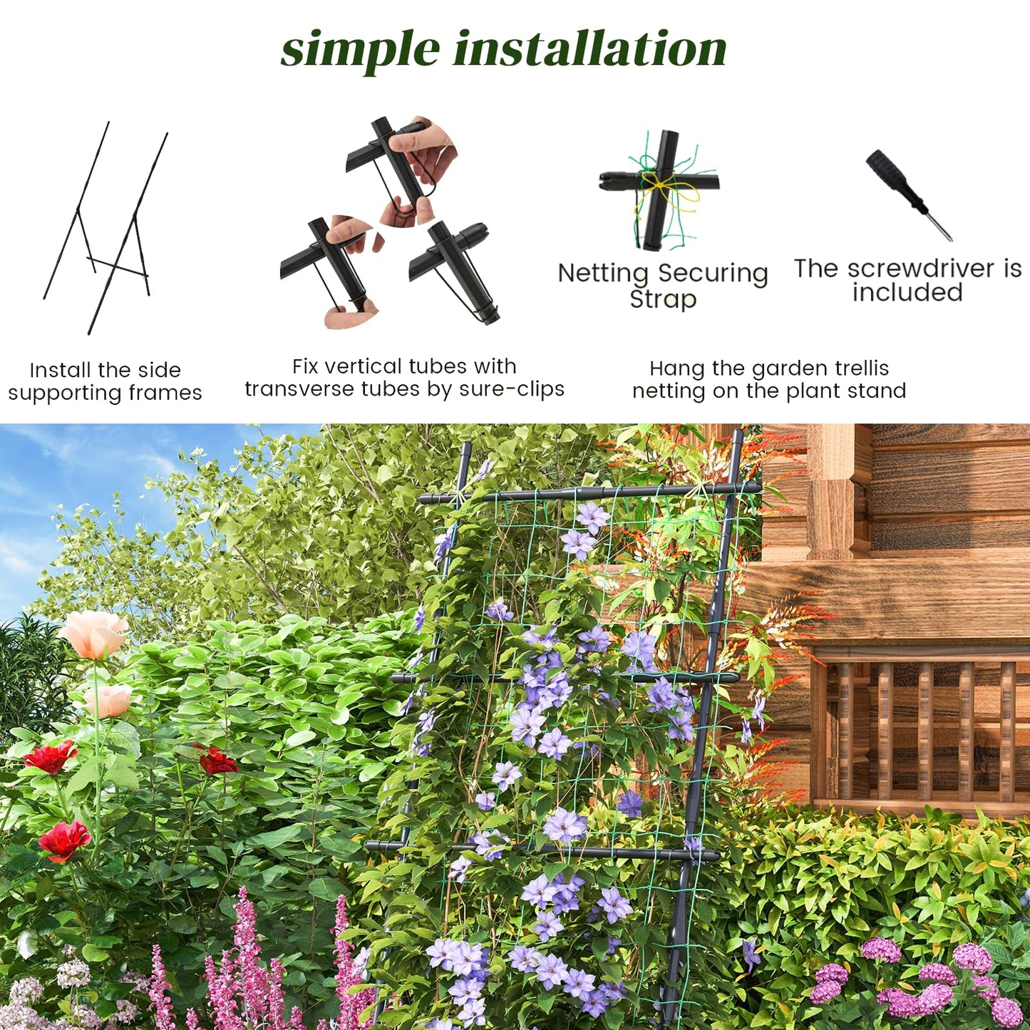 GiantexUK Garden Cucumber Trellis, 30x74Inch A-Frame Plant Support Stand with Netting, Clips & Ties