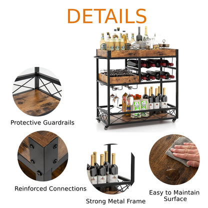 GiantexUK 3-Tier Kitchen Serving Cart, Home Bar Cart Trolley with Wine Rack, Glass Holder, Removable Tray (with Removable Top Tray, 80x40x83cm)