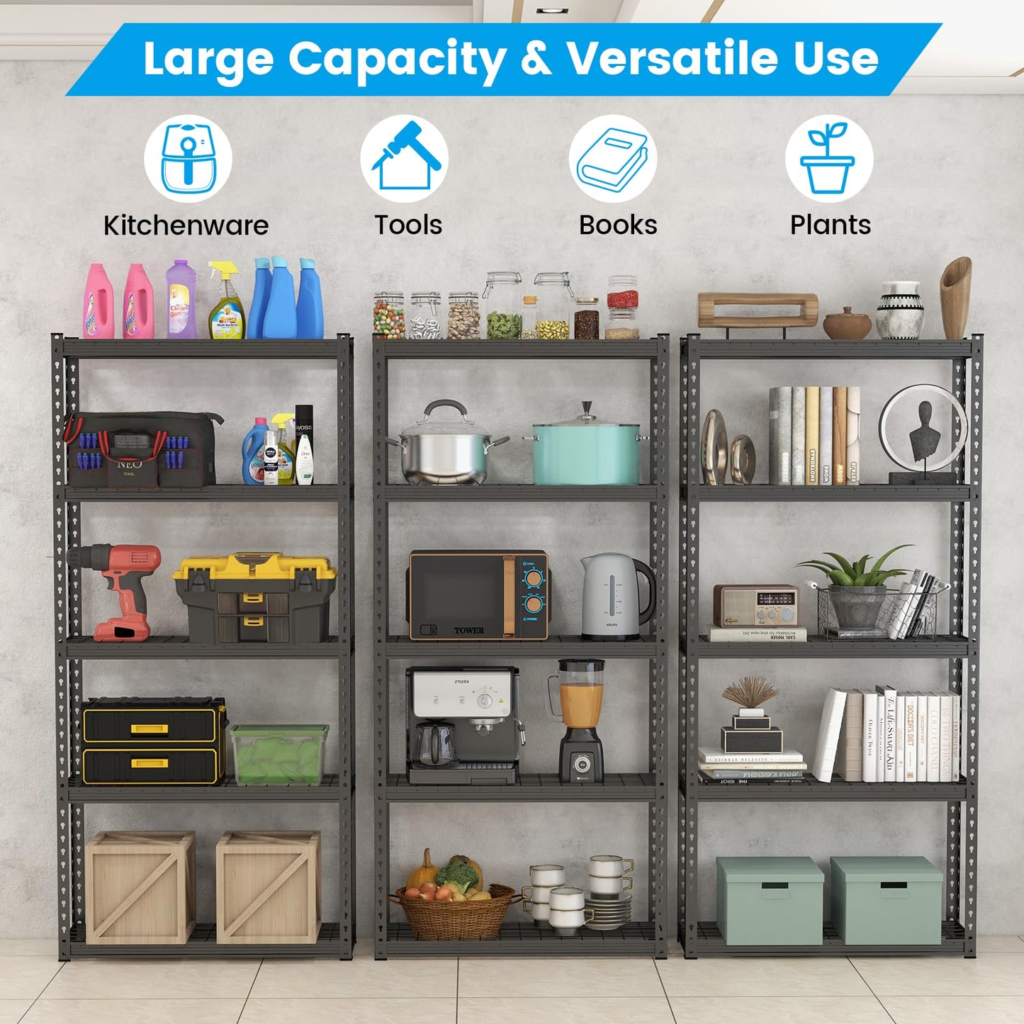 GiantexUK 5 Tier Garage Shelving Unit, Heavy Duty Adjustable Metal Shelves with Anti-tipping Device, 90x29x183cm