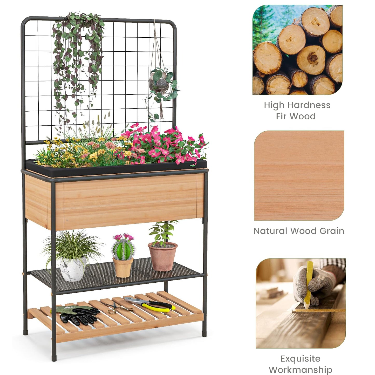 GiantexUK 3 Tier Raised Garden Bed with Trellis, Wooden Garden Planter Pox with Removable Grid Divider