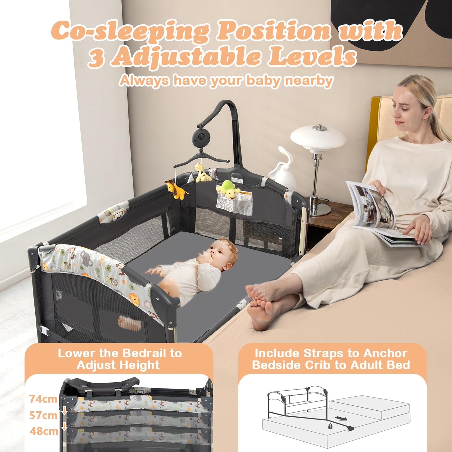 4 in 1 Portable Travel Cot, Foldable Baby Bedside Bassinet with Changing Table, Mattress, Music Box, Wheels & Brakes, Carry Bag