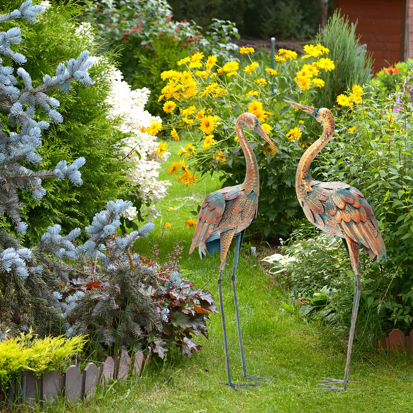 GiantexUK 2PCS Crane Garden Statue Set, Patio Freestanding Sculpture Decor with Metal Frame