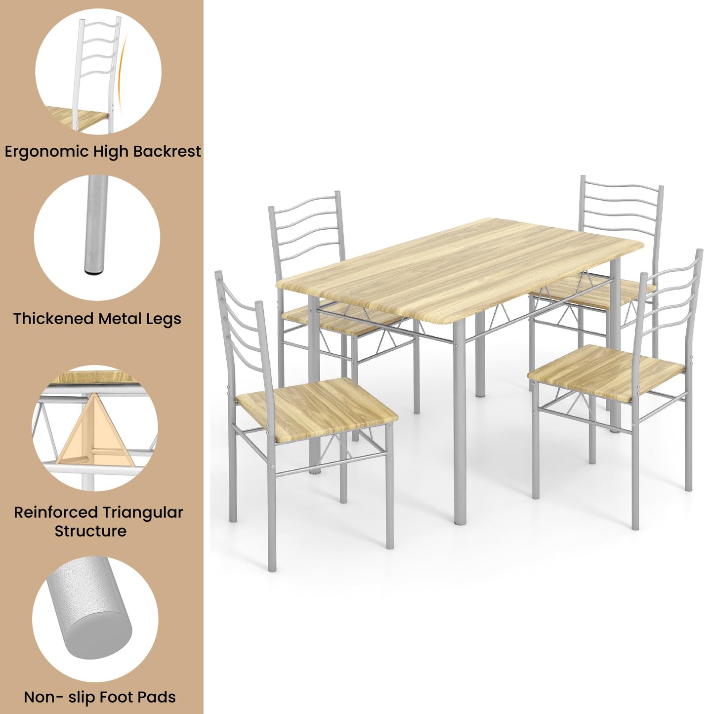 GiantexUK 5PCS Dining Table and Chairs Set, Metal Frame Kitchen Table Set with High Back & Anti-slip Foot Pads