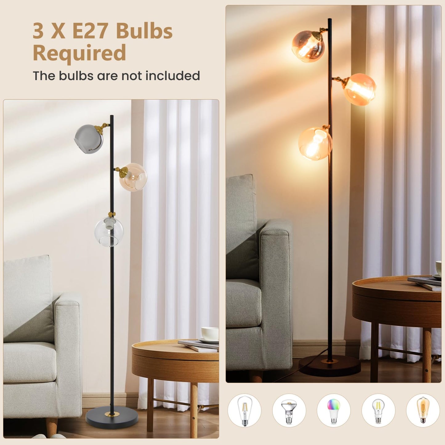 GiantexUK Industrial Floor Lamp, 3-Lights Standing Lamp with Glass Globe Lampshades