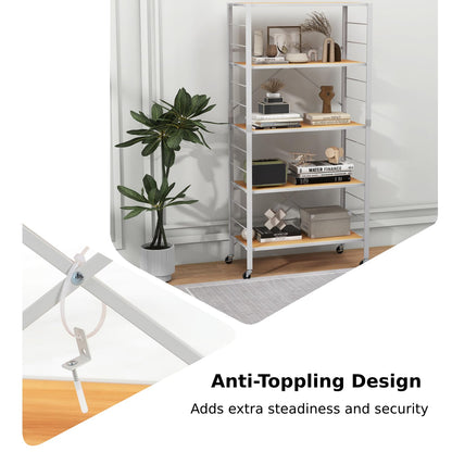 GiantexUK 5-Tier Storage Cart, Foldable Metal Frame Shelving Unit with Wheels, Adjustable Shelves & Anti-Tipping Device