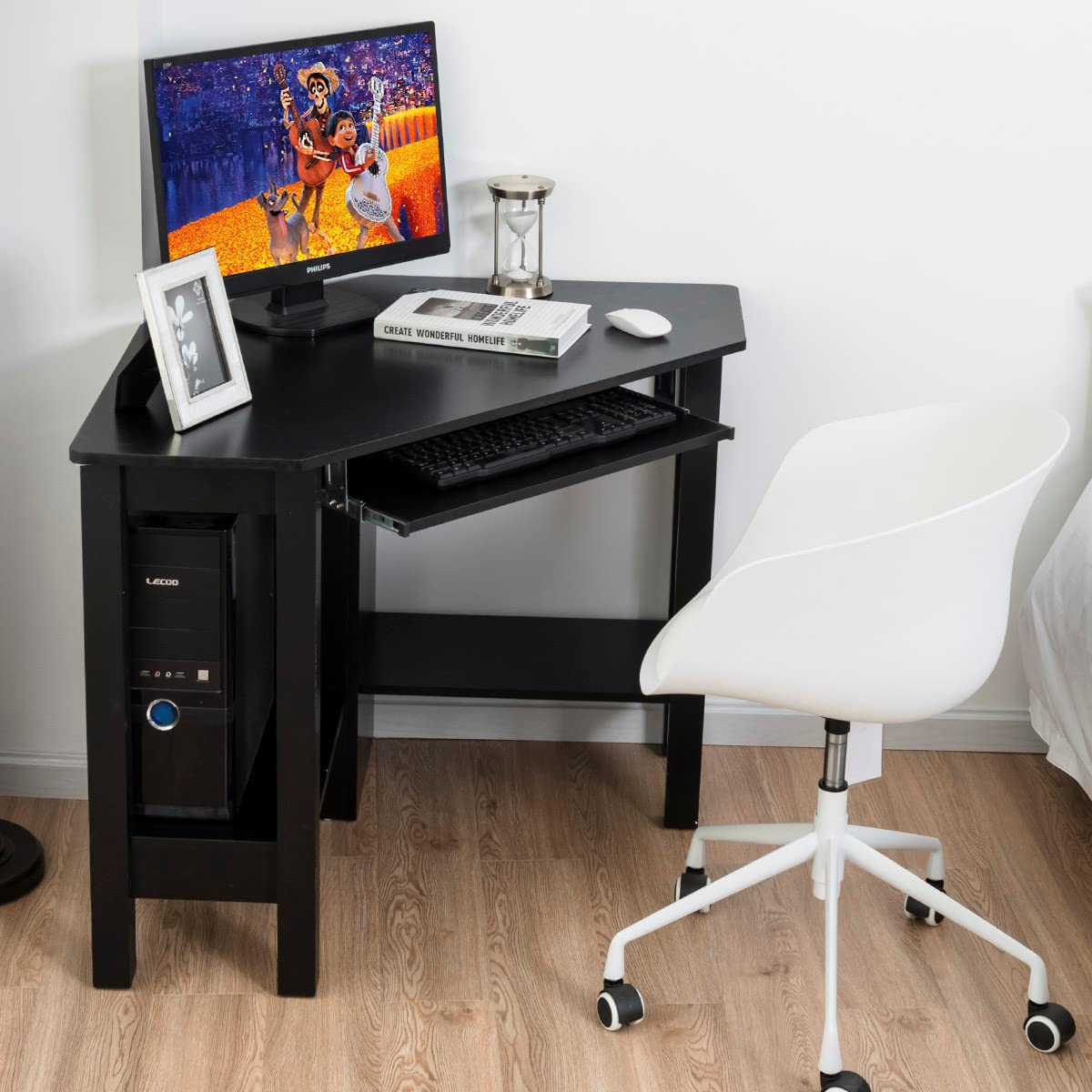 Corner Desk, Triangle Computer Desk with Keyboard Tray & 2 Open Shelf