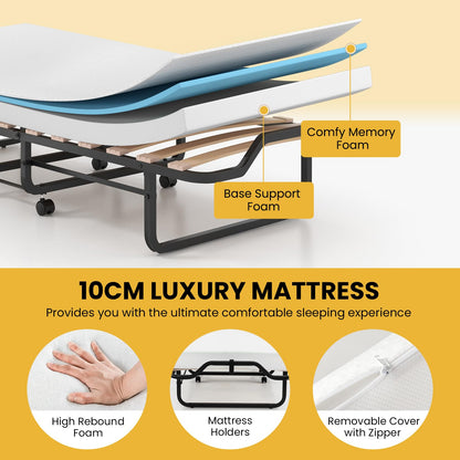 Folding Bed with 10cm Memory Foam Mattress, Portable Metal Frame Guest Bed with Wheels