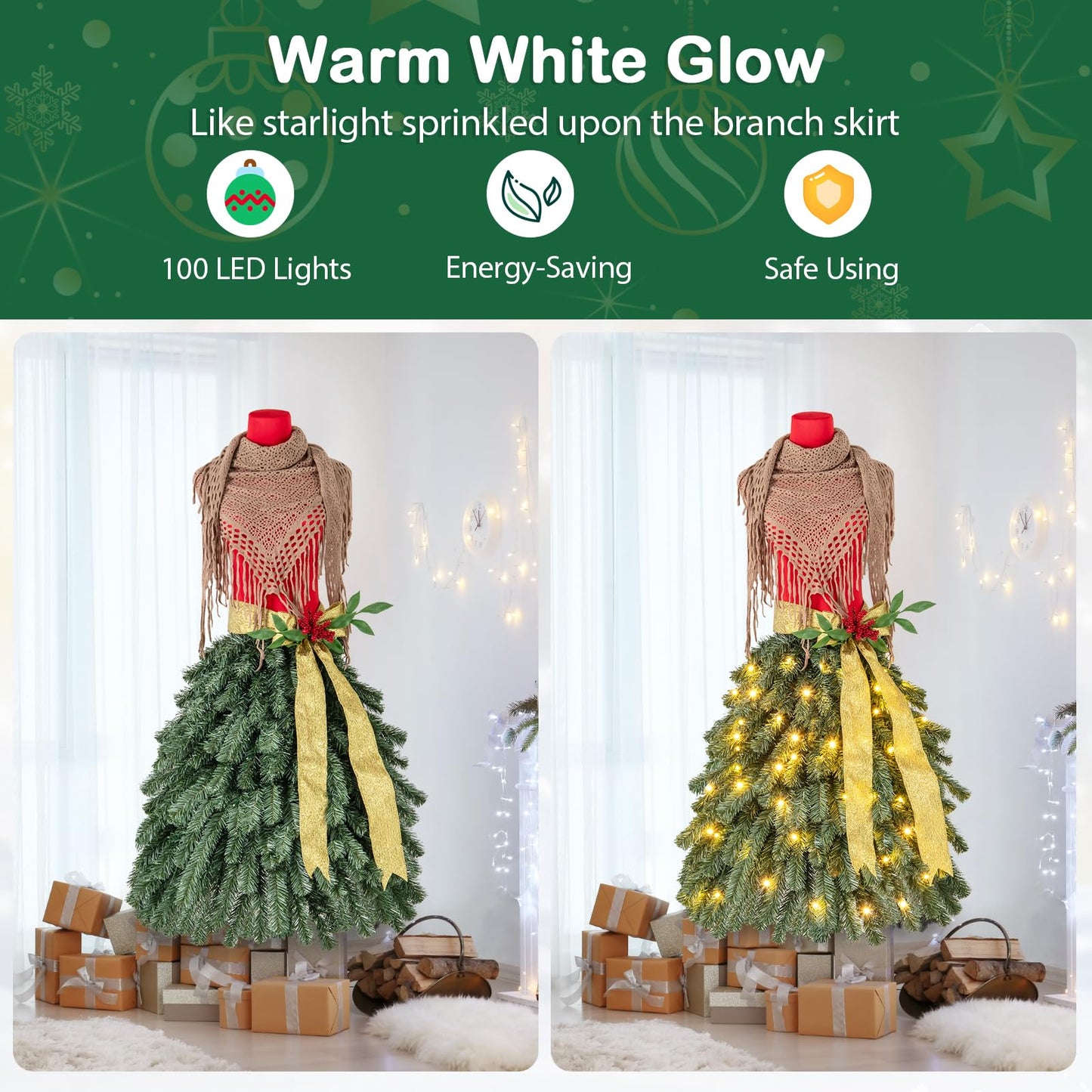 5FT Pre-lit Mannequin Artificial Christmas Tree, Dress Form Xmas Tree with 248 Branch Tips (Red+Green, with 100 Lights)