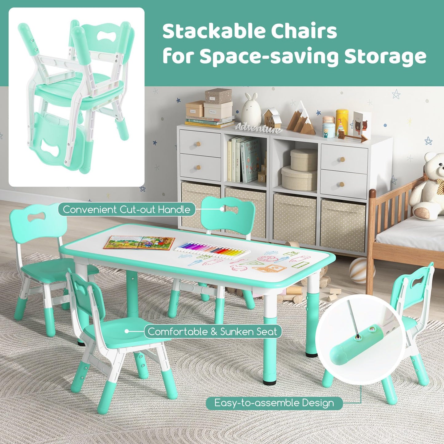 Kids Table and 4 Chairs Set, Height Adjustable Toddler Art Tables with Graffiti Desktop