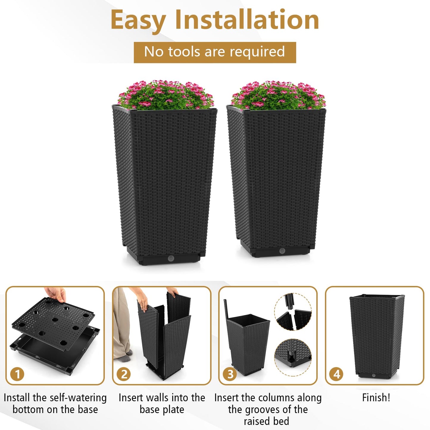 GiantexUK Rattan Planter Pots Set of 2, Square Tall Plastic Flowerpot with Self-Watering Tray & Drain Holes