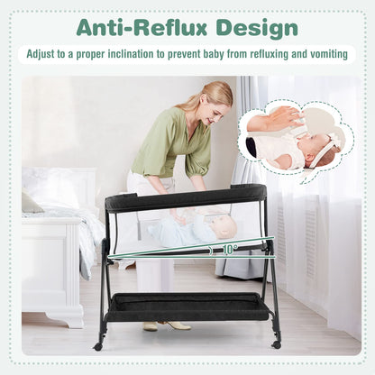 Baby Bedside Crib, Easy Folding Cot Bed with Mattress, All-Side Mesh, Storage Shelf and Travel Bag