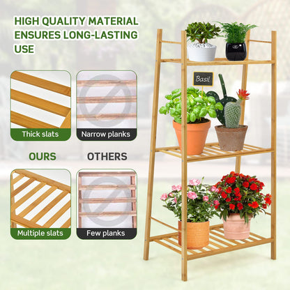 3 Tier Bamboo Plant Stand, Ladder Flower Pots Holder with Rear Bar, Freestanding Corner Plant Storage Display Shelf