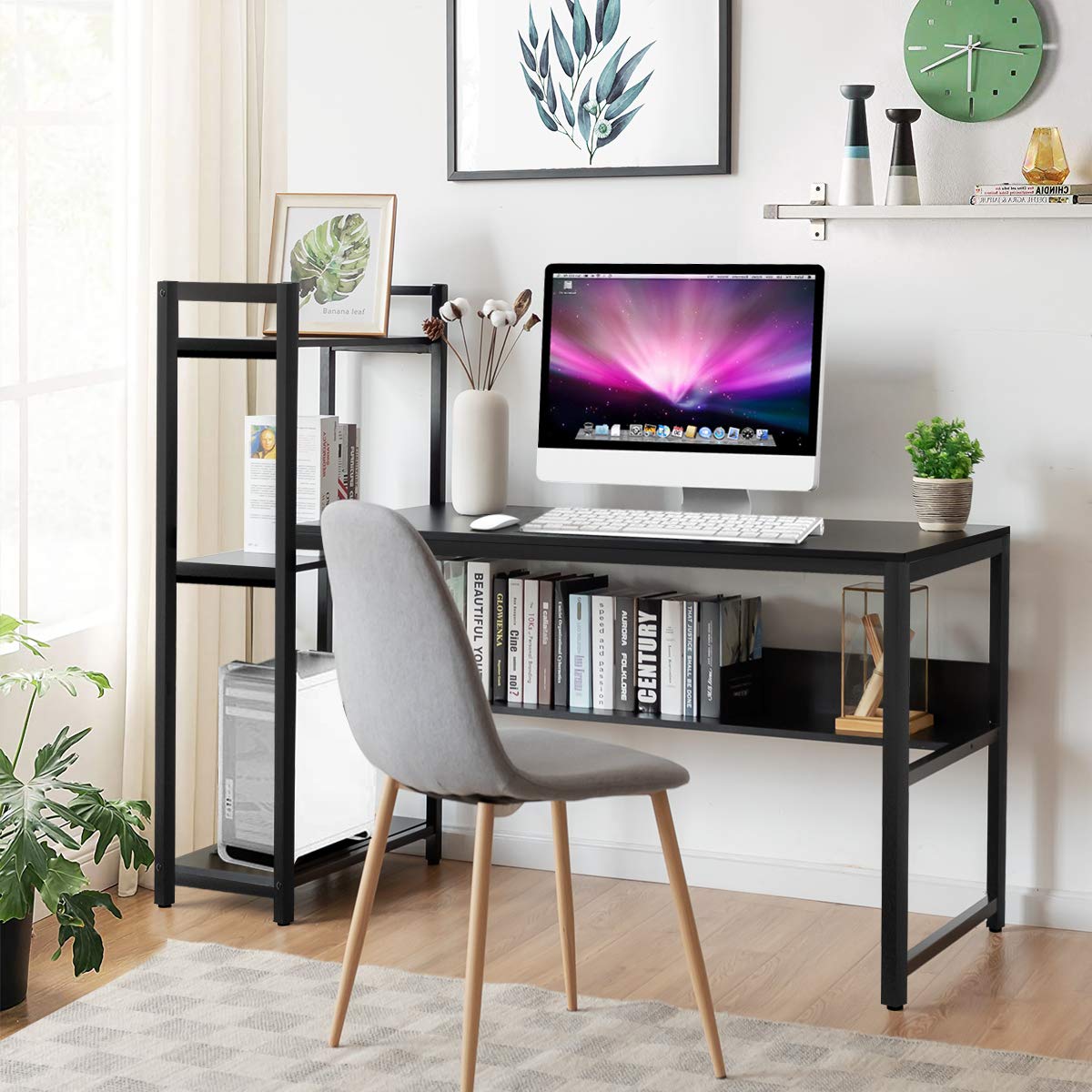 Computer Desk, 2-in-1 Workstation PC Laptop Table with Storage Bookshelf, 150 x 60 x 120cm