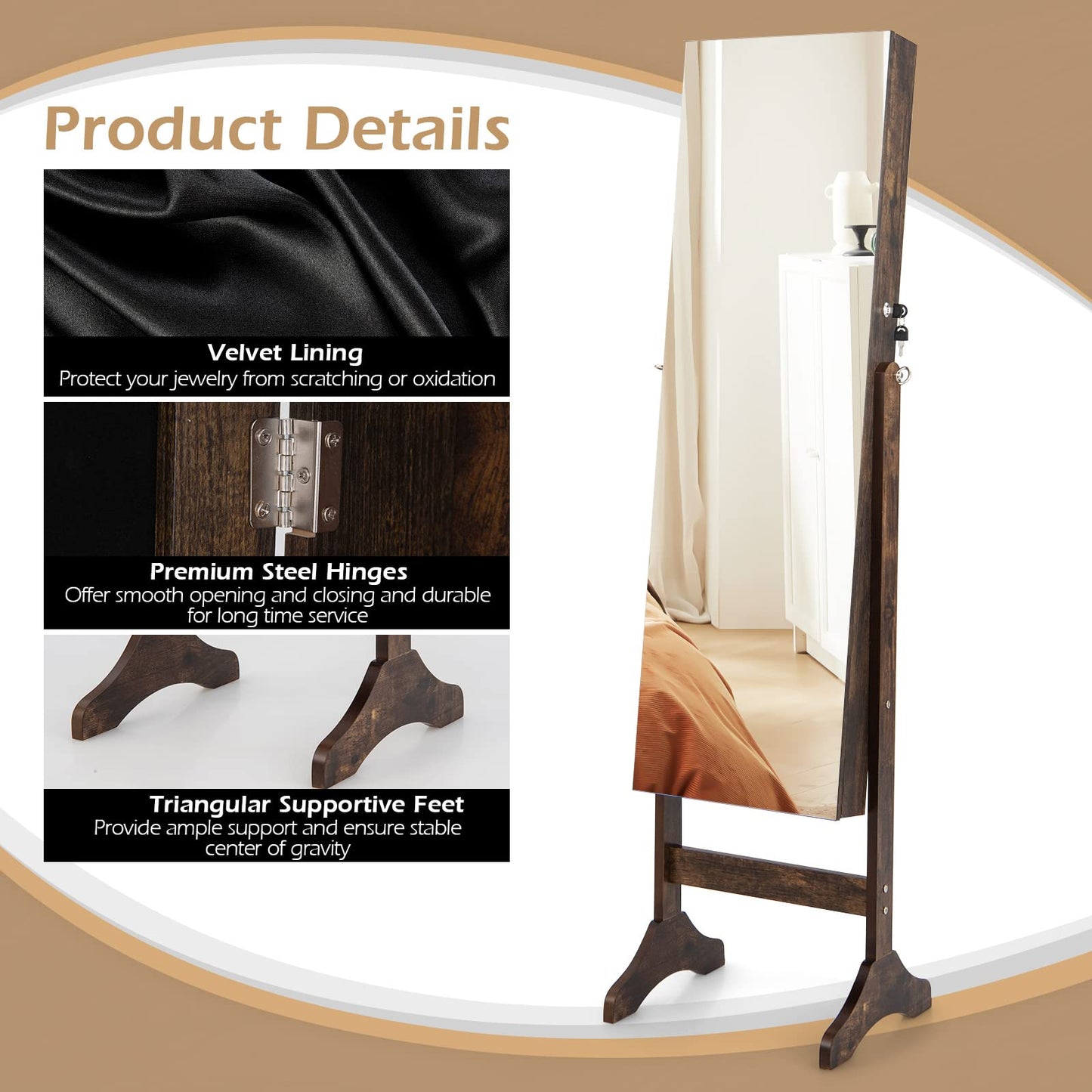 Jewelry Cabinet, Floor Standing Lockable Jewelry Armoire with Full Length Mirror