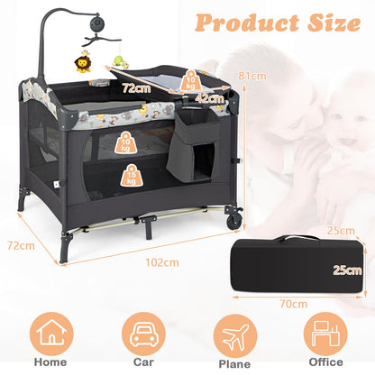 4 in 1 Portable Travel Cot, Foldable Baby Bedside Bassinet with Changing Table, Mattress, Music Box, Wheels & Brakes, Carry Bag