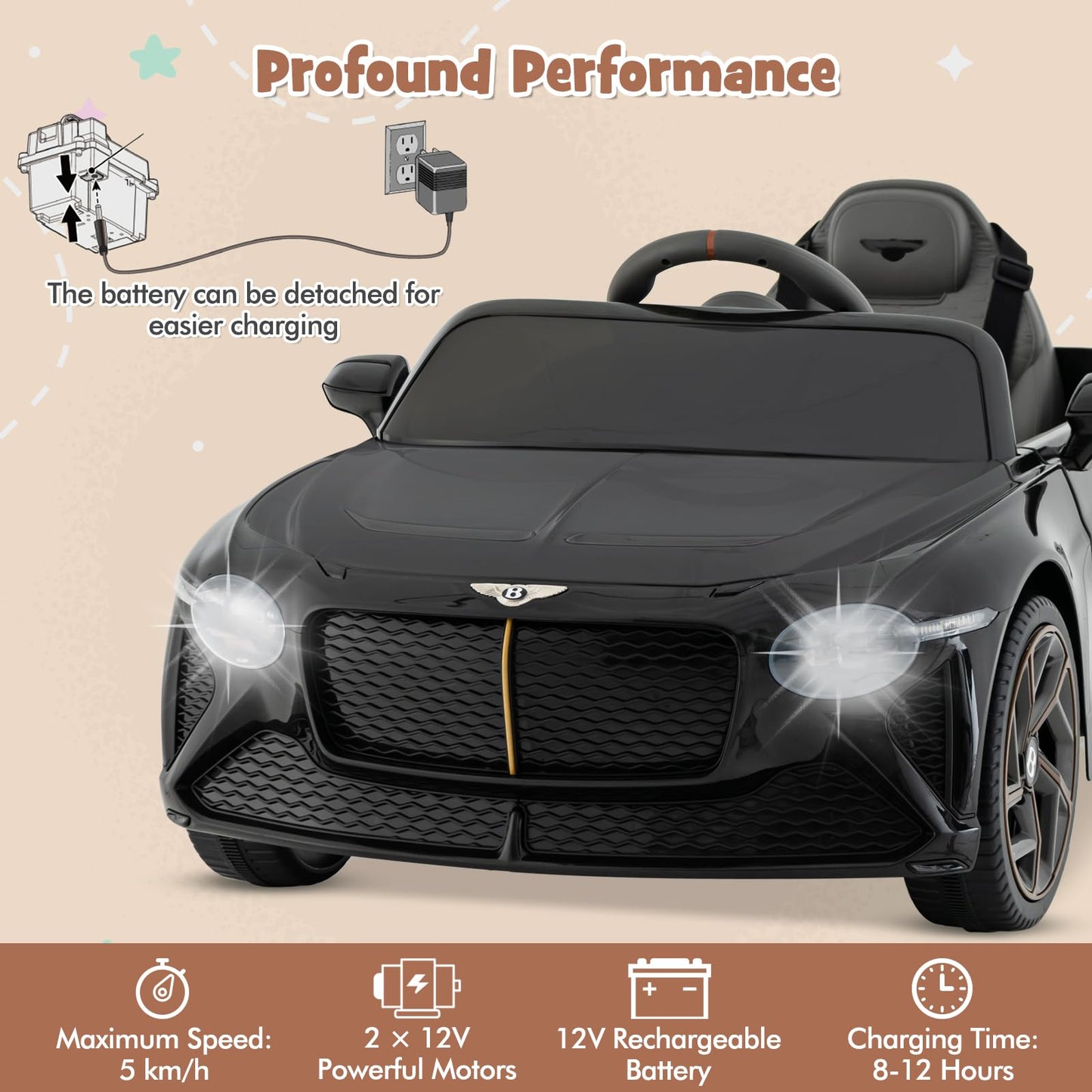 12V Kids Ride on Car, Licensed Bentley Electric Vehicle Toy with Remote Control, Lights, Sounds