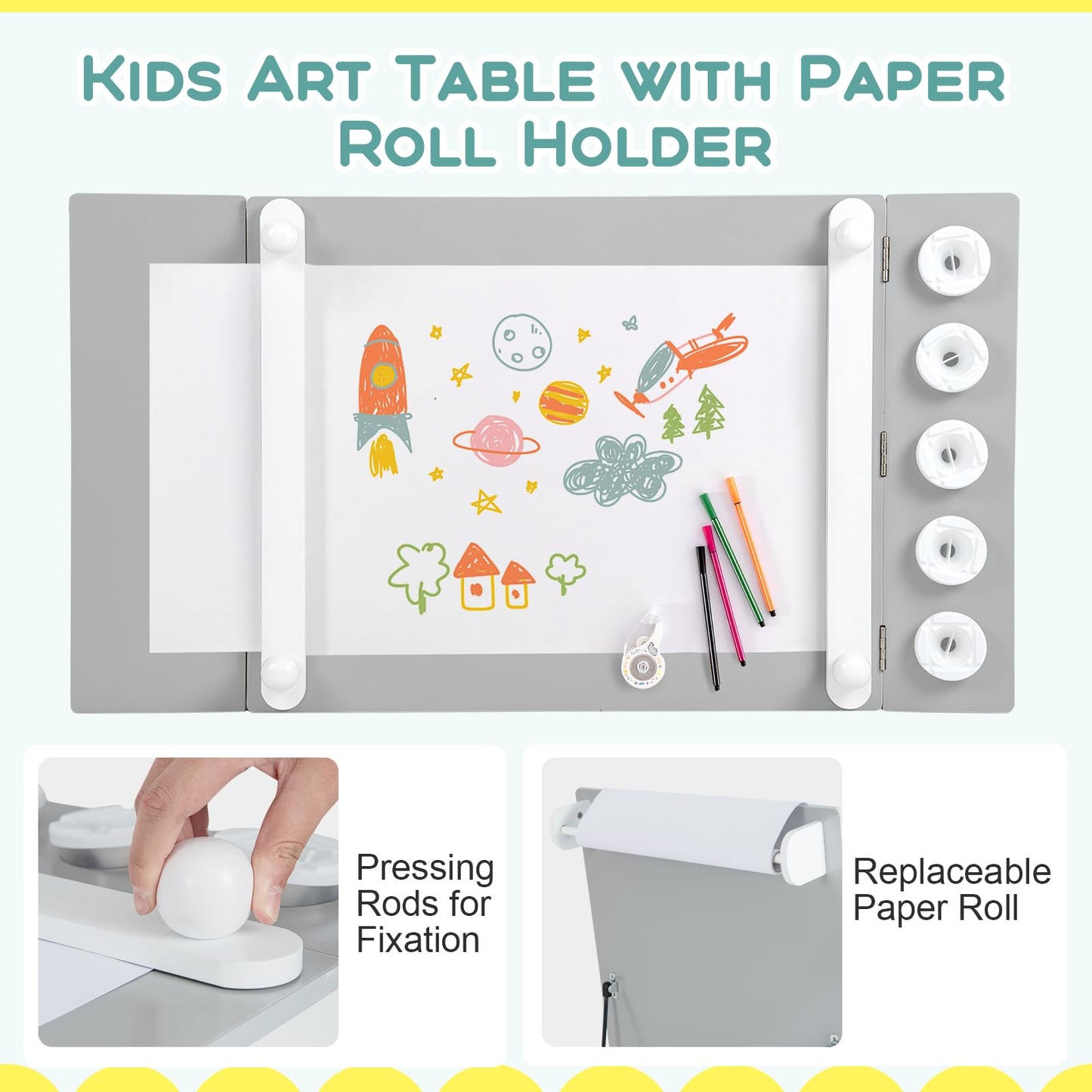 2-in-1 Kids Art Table and Chairs Set, Wooden Toddler Craft Easel Desk with 2-Tier Open Shelf, Storage Bins, Paper Roll and Paint Cups (5 Cups)