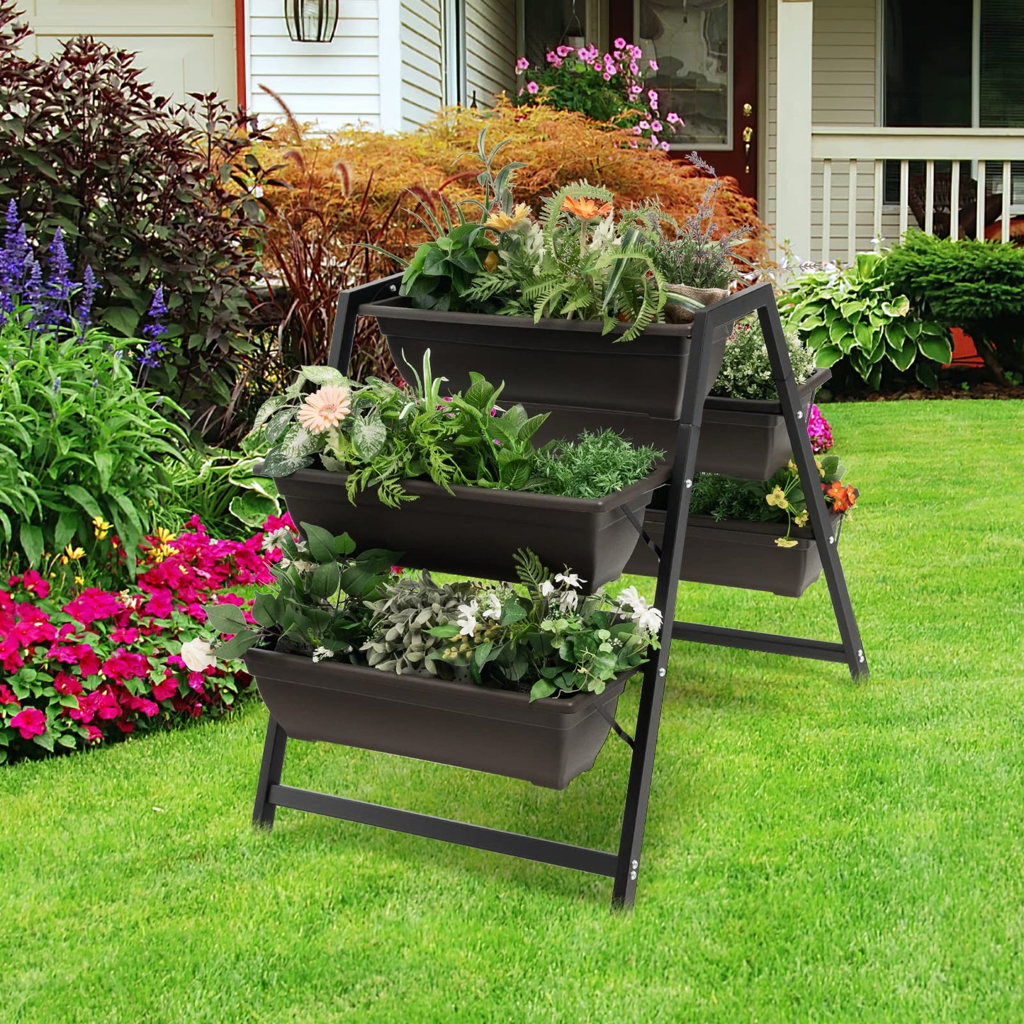 GiantexUK Raised Garden Bed, 3 Tier Vertical Ladder Planter with 5 Removable Trays and Drain Holes