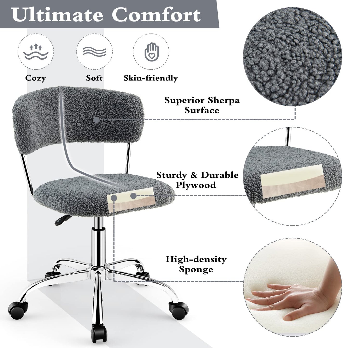 Faux Fur Office Chair, Height Adjustable Swivel Computer Desk Chair with Rolling Casters