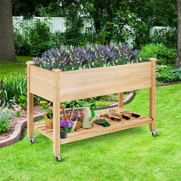 GiantexUK Raised Garden Bed, Elevated Wooden Planter Box with Storage Shelf, Wheels, Liner & Drainage Holes (with Wheels, 120x59x84cm)