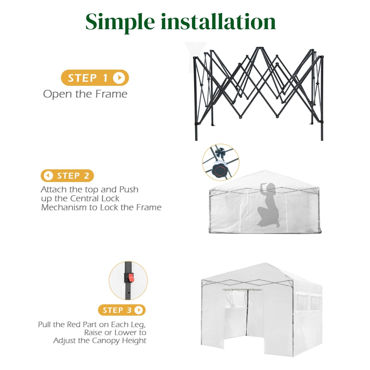 GiantexUK Walk In Greenhouse, Height Adjustable Pop-up Growhouse with PE Cover (300x300x255-275cm,4 Windows, White)