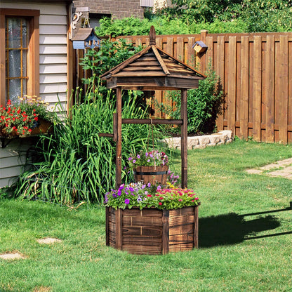 GiantexUK Wooden Wishing Well Planter, Garden Feature Flower Pot with Adjustable Hanging Bucket & Drainage Hole, 60 x 60 x 122cm