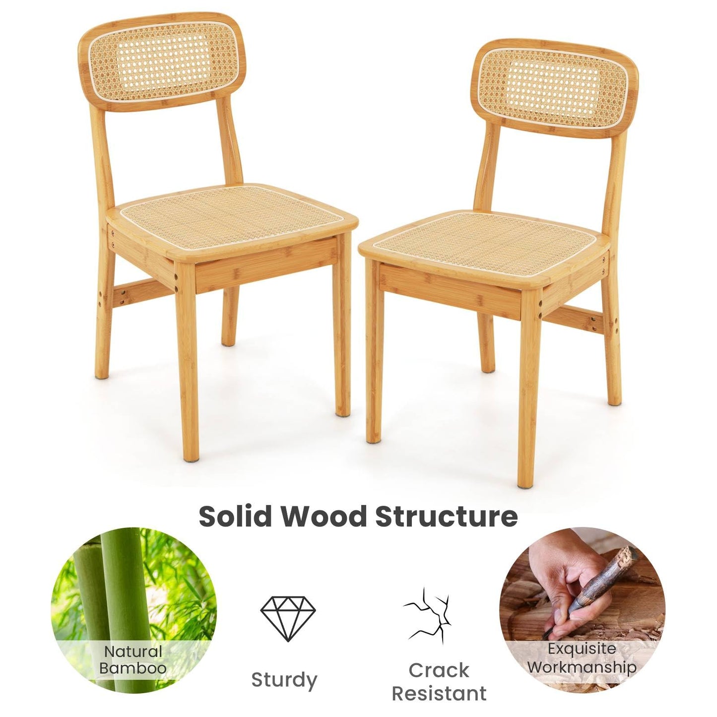 GiantexUK Dining Chairs Set of 2, Bamboo Kitchen Chairs with Faux Rattan Backrest, Polyester Mesh Seat