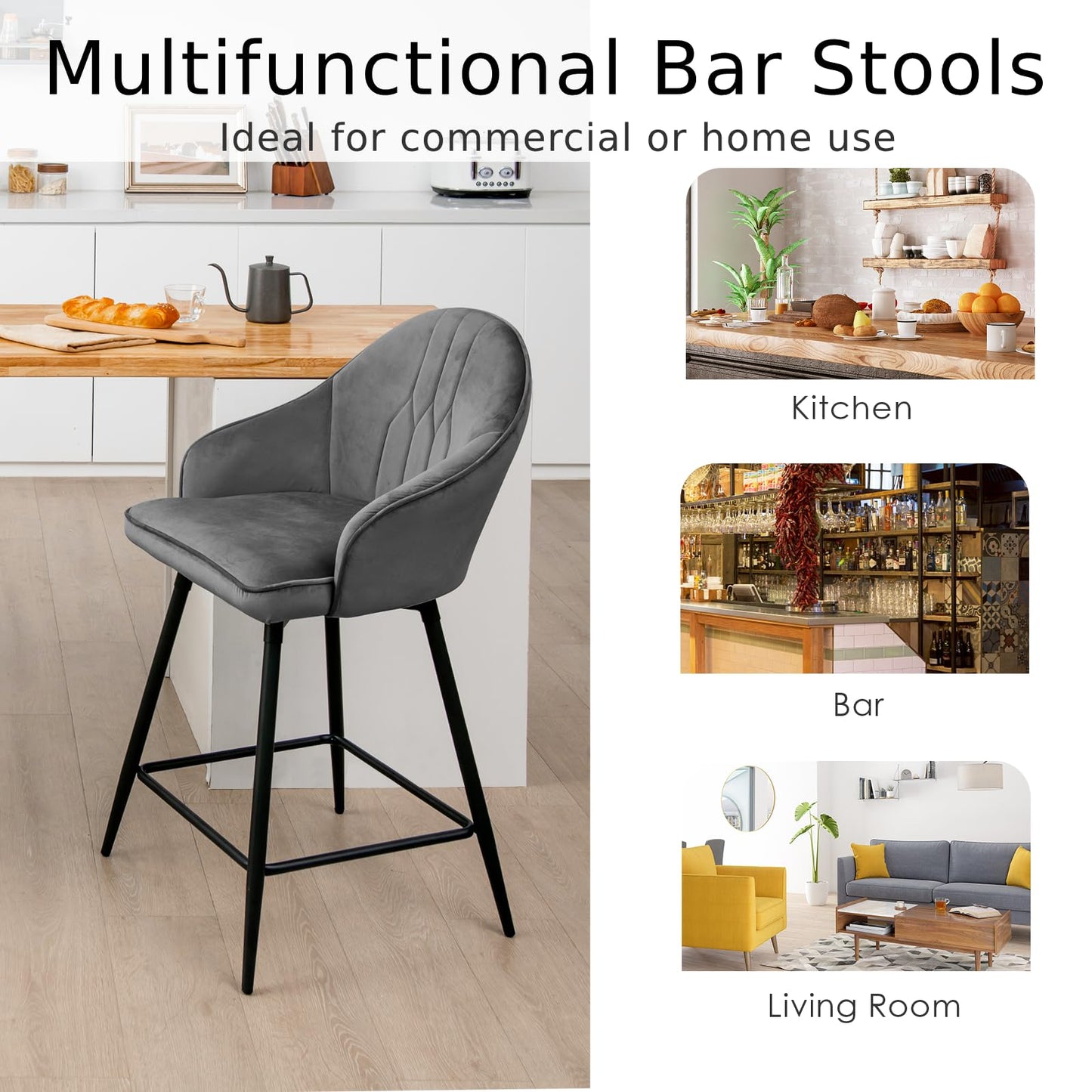 GiantexUK Bar Stools Set of 4, Upholstered Velvet Swivel Barstools with Backrest, Grey