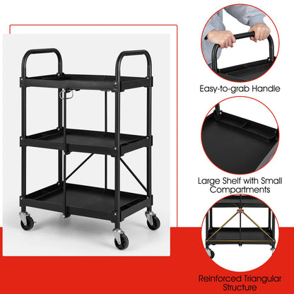 GiantexUK 3-Tier Folding Tool Trolley, Metal Frame Service Cart with Wheels