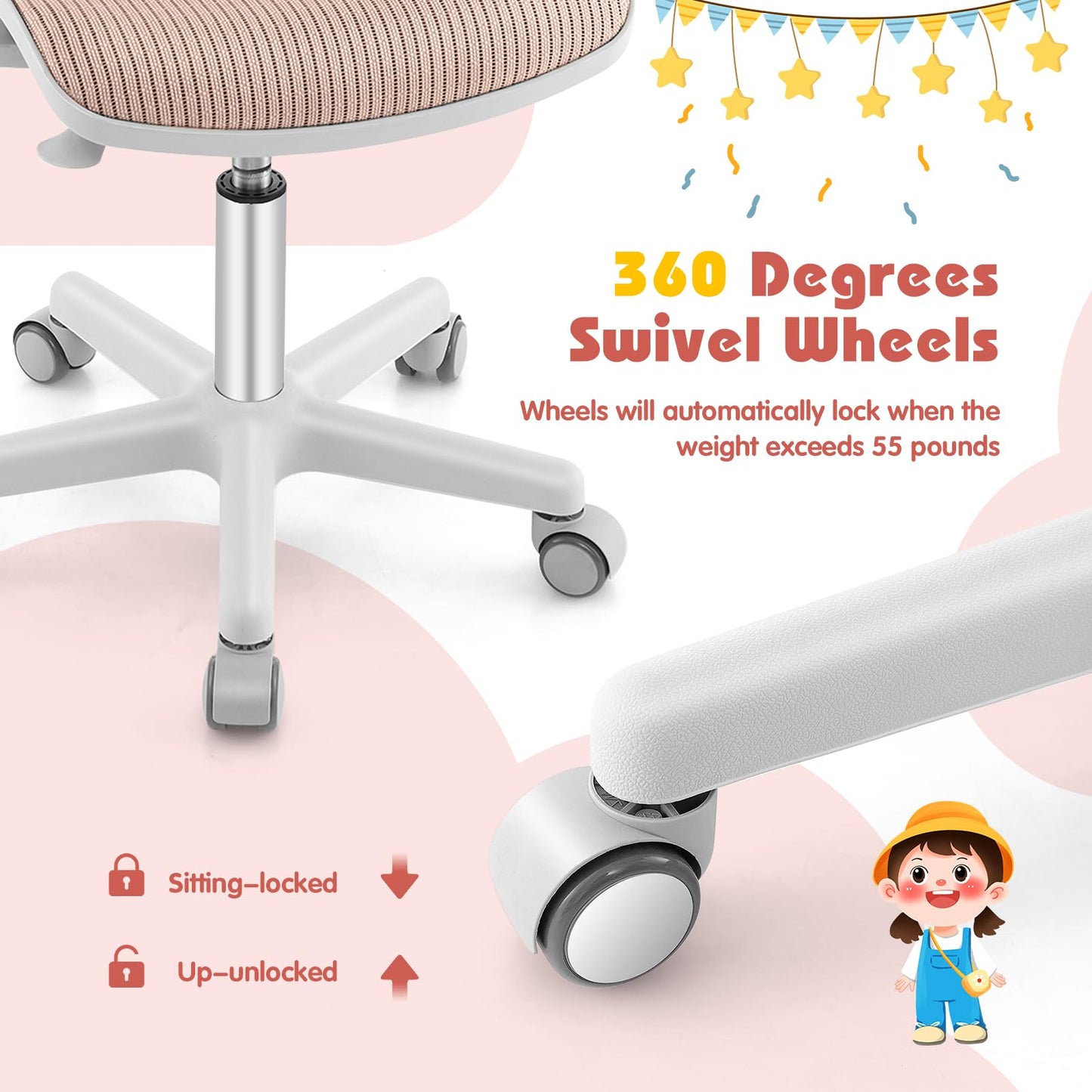 Kids Ergonomic Desk Chair, Height Adjustable Children Armrest Computer Chairs with Sit-Lock Casters