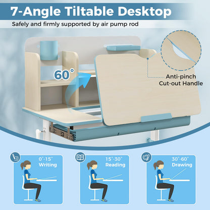 Kids Study Desk, Height Adjustable Children School Desk with Storage, Tilt Desktop, Pen Holder & Scale Ruler