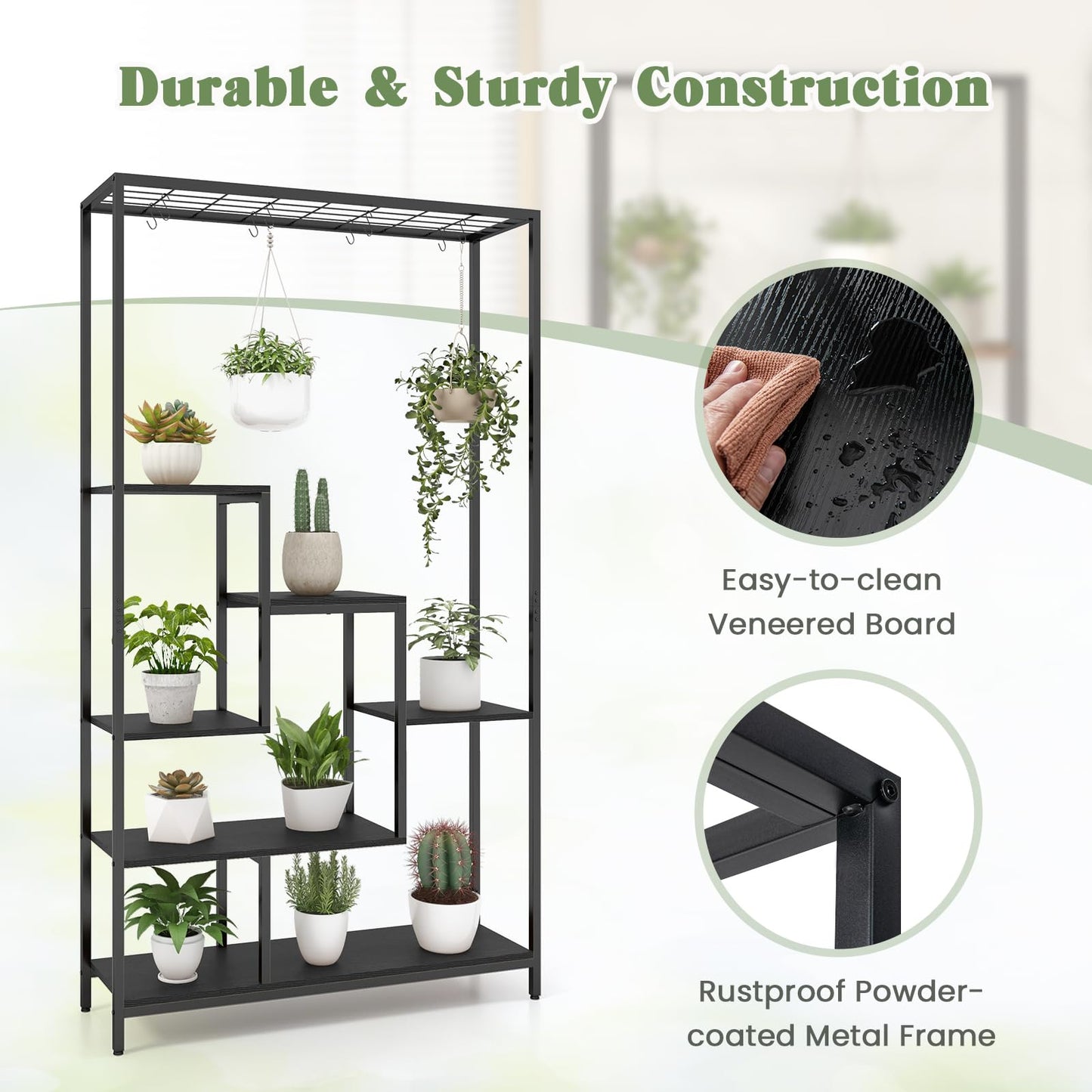 6-tier Tall Plant Stand, 180cm Metal Indoor Flower Pots Rack with 10 Hanging Hooks