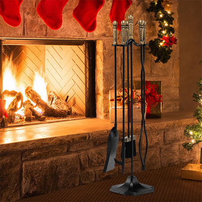 GiantexUK 5-Piece Fireplace Companion Set, Wrought Iron Fire Place Tools Set with Stand, Tong, Shovel, Brush & Poker, Fireside Wood Burner Stove Accessories