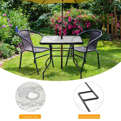 GiantexUK Garden Table, 80 x 80CM Square Glass Patio Dining Table with Parasol Hole