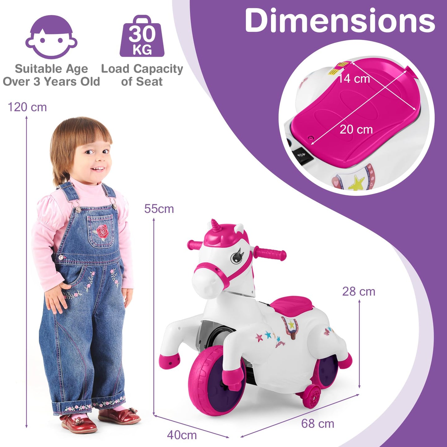 12V Kids Ride on Toy, Electric Ride on Unicorn with Training Wheels, Horse Riding Mode