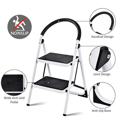 GiantexUK Folding 2 Step Ladder, Steel Stepladder with Anti-Slip Pedal and Reinforced Crossbar