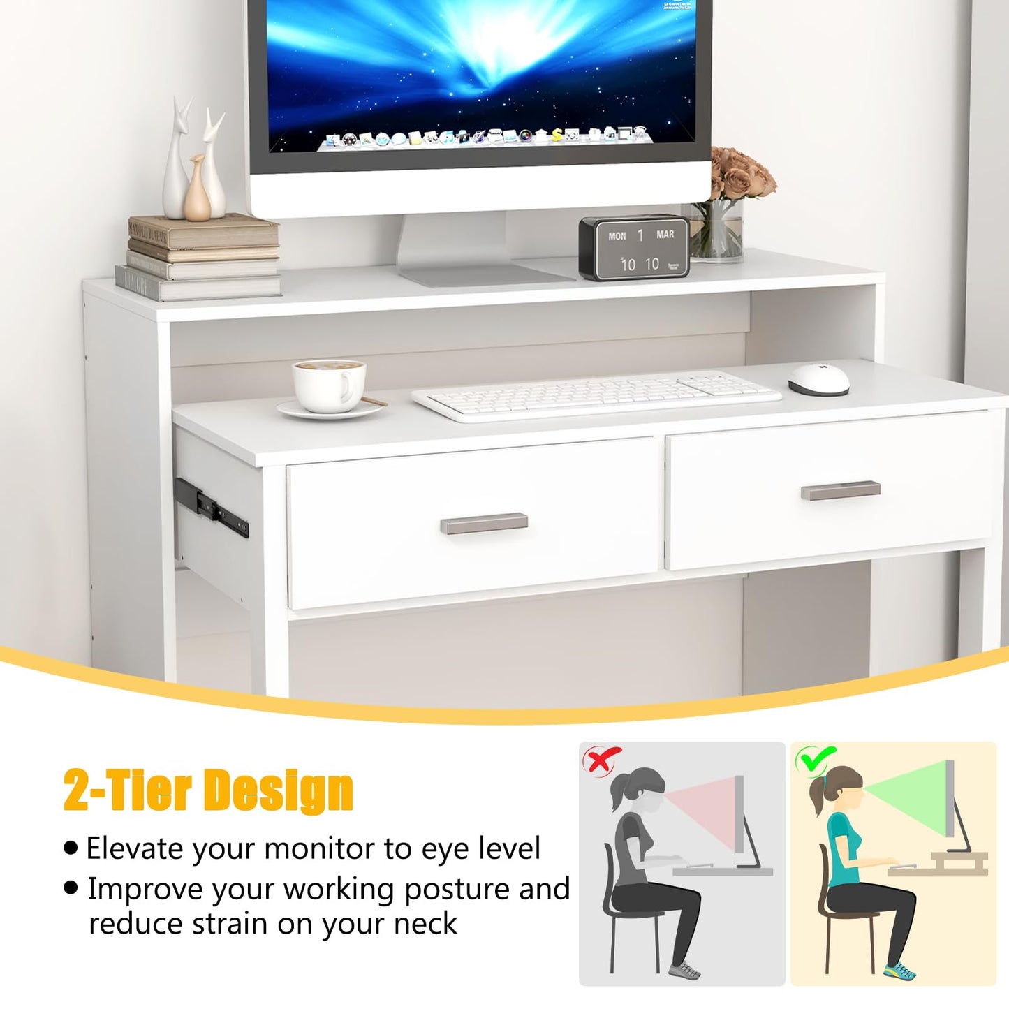 Extending Computer Desk, Wooden Study Writing Desk PC Laptop Table with 2 Storage Drawers