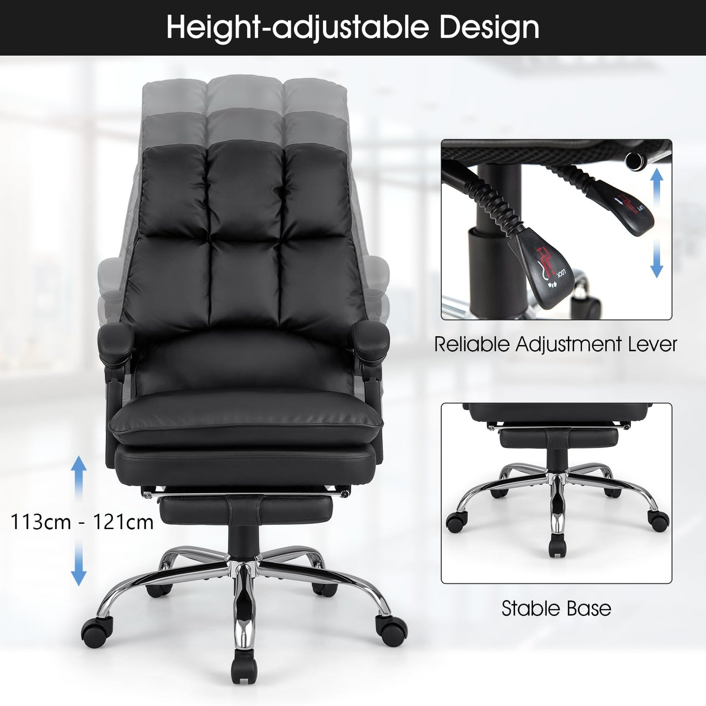 PU Leather Office Chair, Height Adjustable Reclining Computer Desk Chair with Retractable Footrest