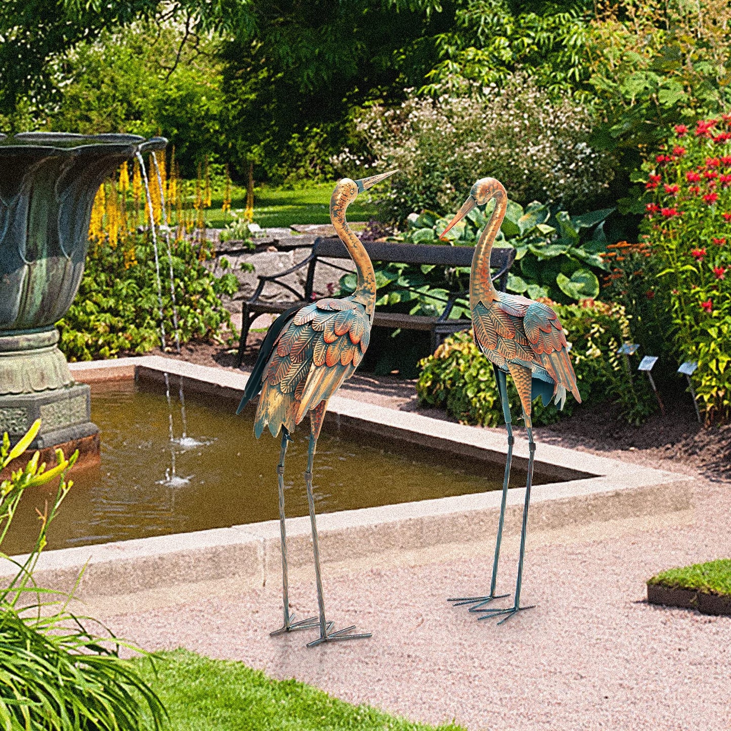 GiantexUK 2PCS Crane Garden Statue Set, Patio Freestanding Sculpture Decor with Metal Frame