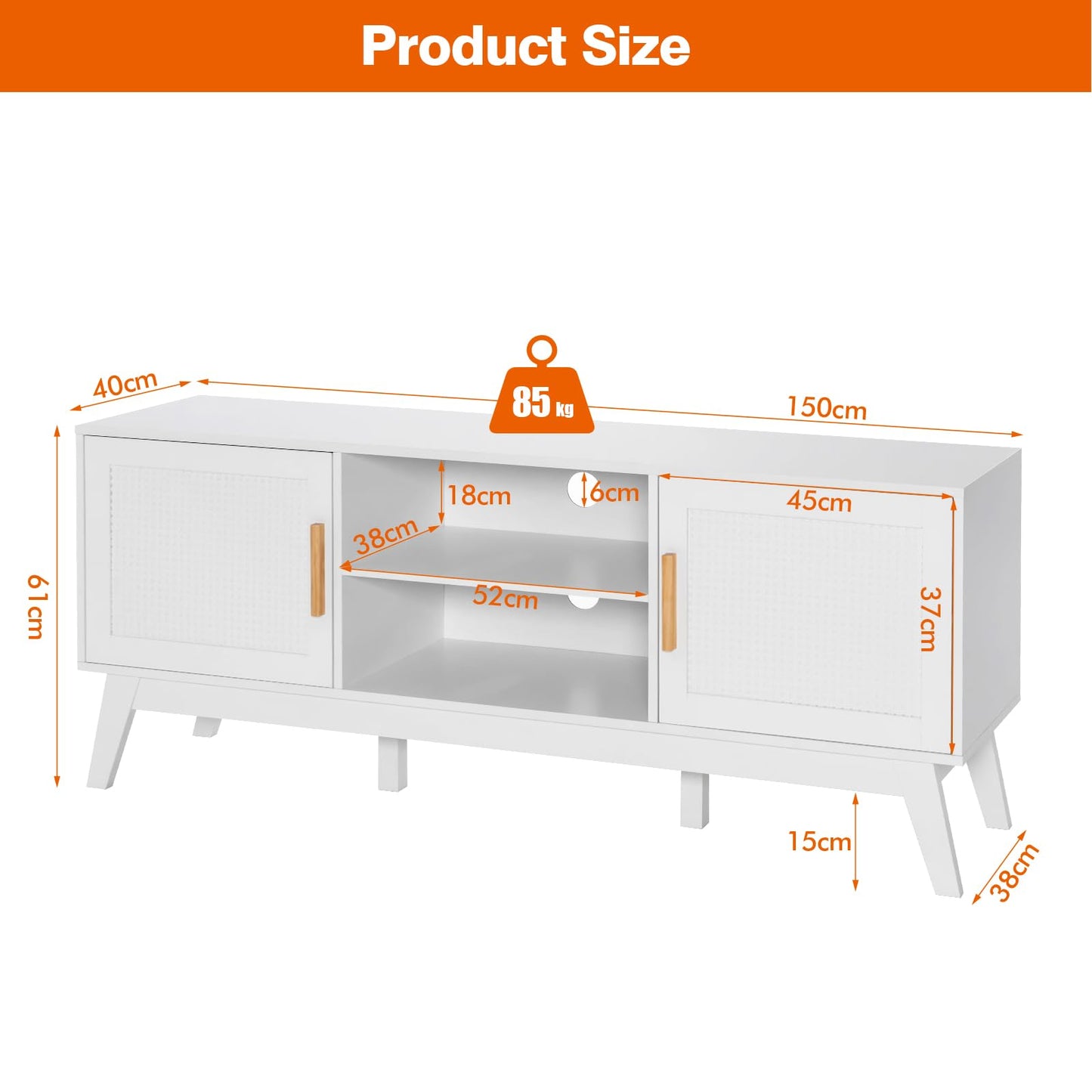 TV Stand for TVs up to 65", Rattan TV Cabinet Media Entertainment Center with Adjustable Shelves