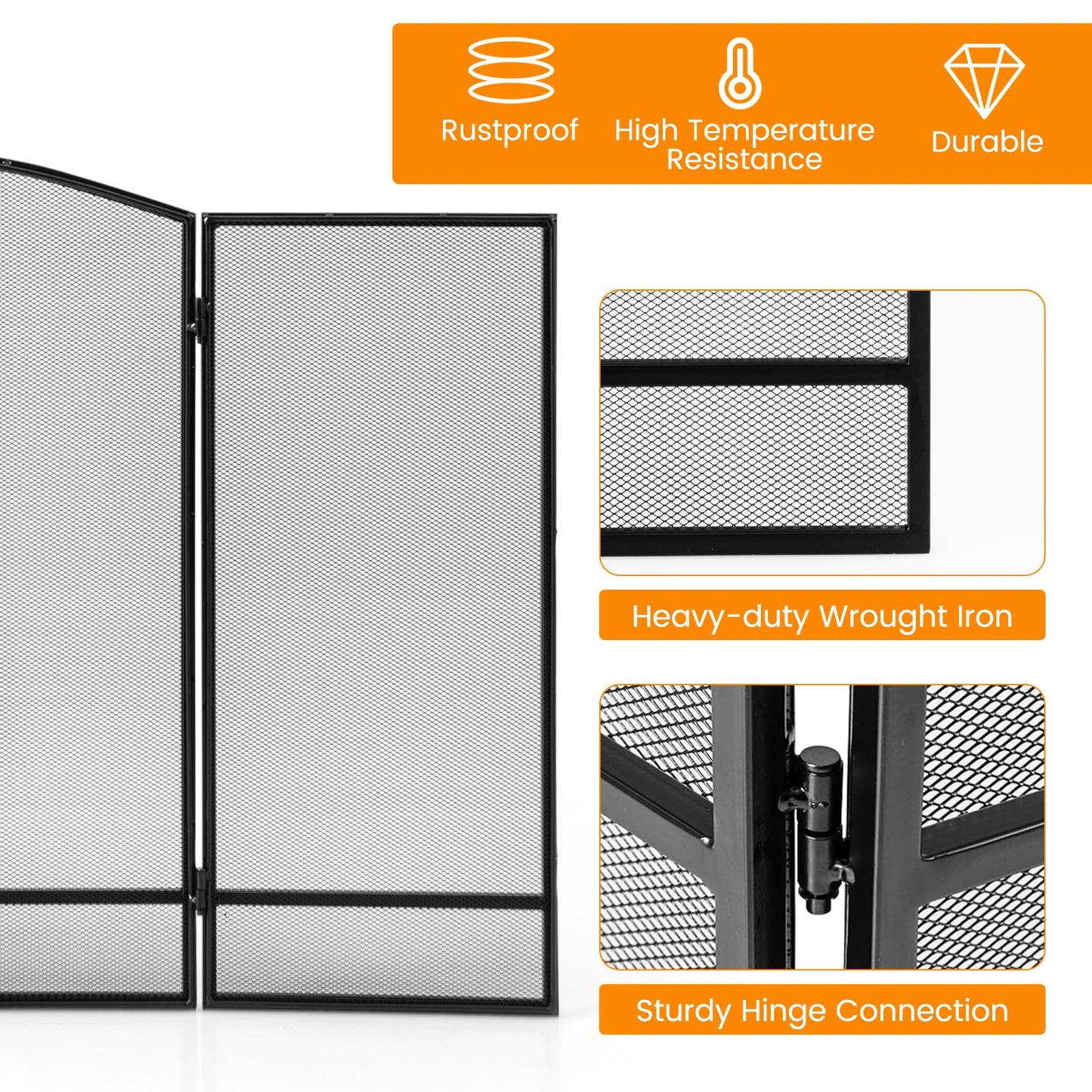 GiantexUK 3-Panel Folding Fire Guard, Metal Mesh Fireplace Screen (No Pattern, 123 x 74cm)