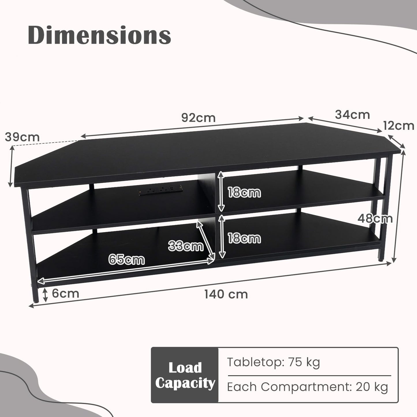 TV Stand with Charging Station for TVs up to 60 Inches, 140cm TV Unit Console Table for Living Room Bedroom