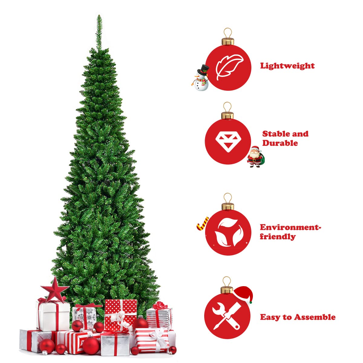 6.5FT Pre-lit Slim Christmas Tree, Hinged Pencil Xmas Tree with Warm LED Lights