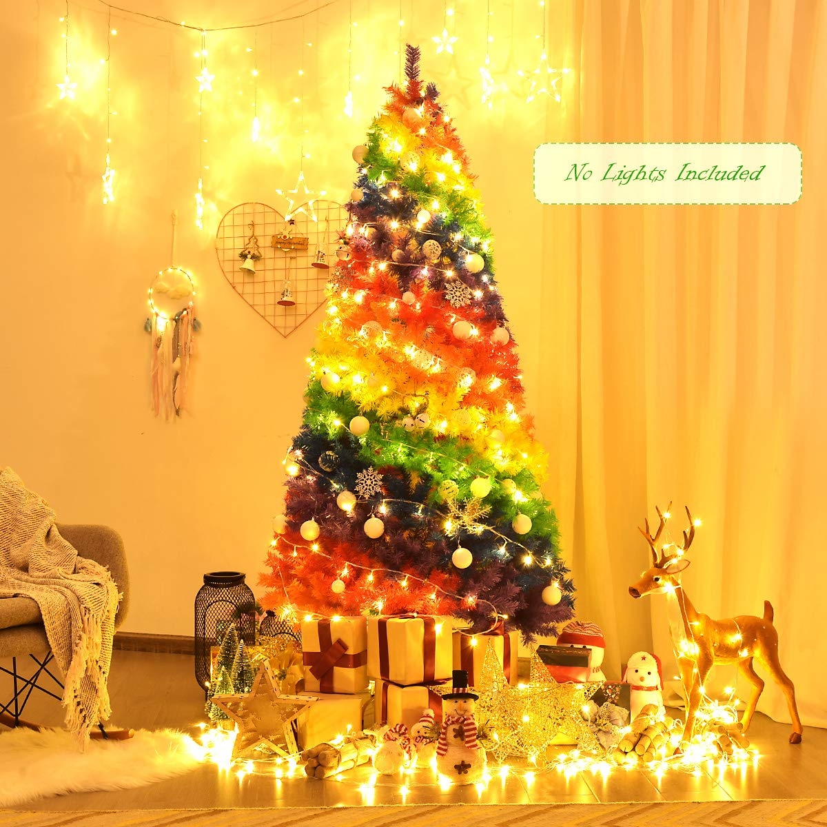 GiantexUK 7FT Rainbow Christmas Tree, Colorful Hinged Artificial Xmas Tree with 1213 Branch Tips & Metal Stand